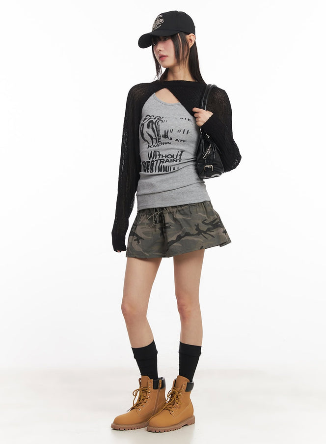 knit-mesh-bolero-top-ca522 / Black