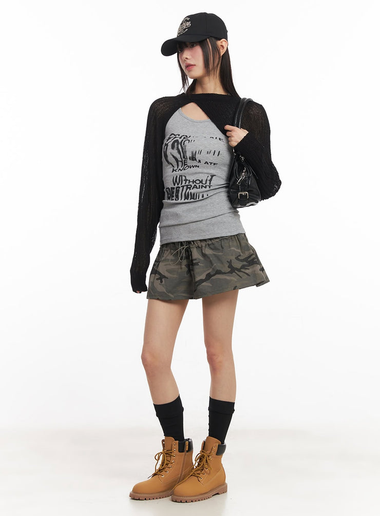knit-mesh-bolero-top-ca522 / Black