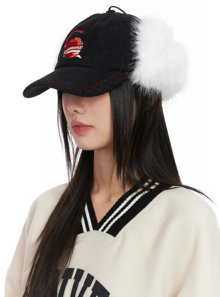 corduroy-fuzzy-earflap-baseball-cap-cn521 / Black