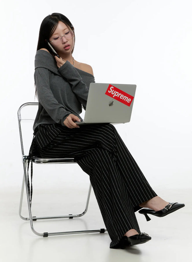 striped-wrap-skirt-wide-leg-pants-cs517 / Black