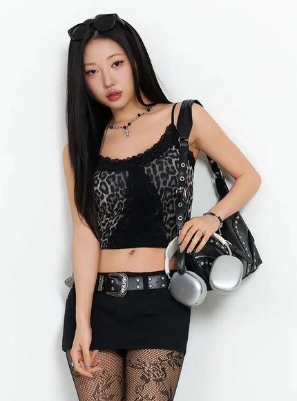 leopard-print-lace-trim-cami-ia507 / Black