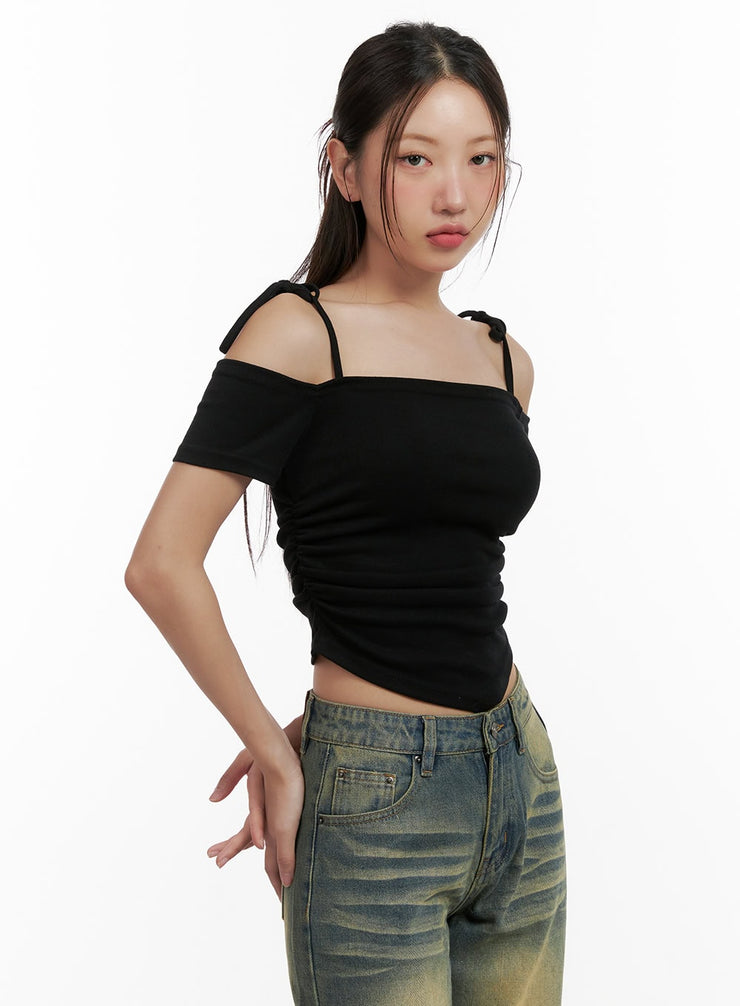 shoulder-strap-off-shoulder-crop-top-cl431 / Black