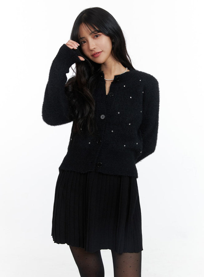 fuzzy-pearl-detail-cardigan-oj425 / Black