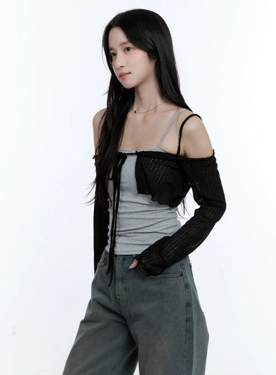 frilly-front-tie-cropped-bolero-cardigan-cg512 / Black