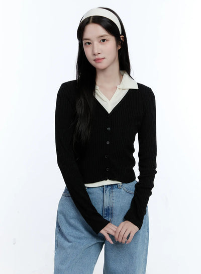 two-tone-collared-knit-cardigan-cg514 / Black