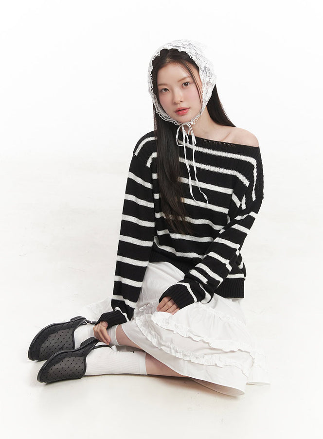 stripe-boat-neck-knit-sweater-iy509 / Black
