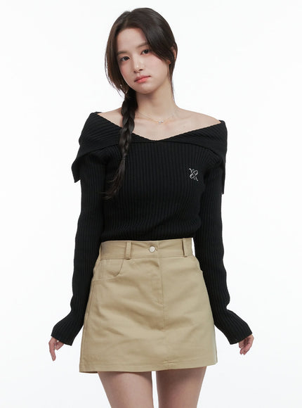 solid-off-shoulder-knit-top-og409 / Black