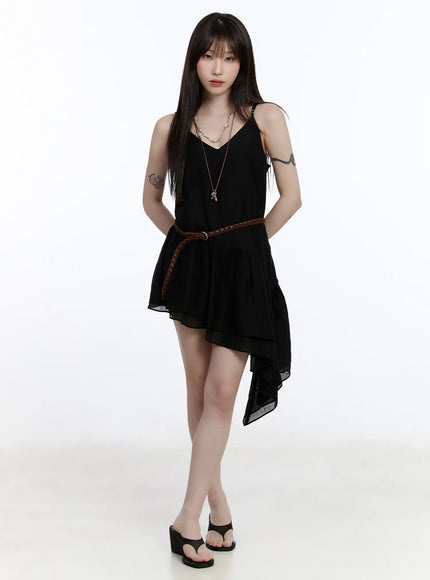 asymmetric-hem-chiffon-mini-dress-ca501 / Black