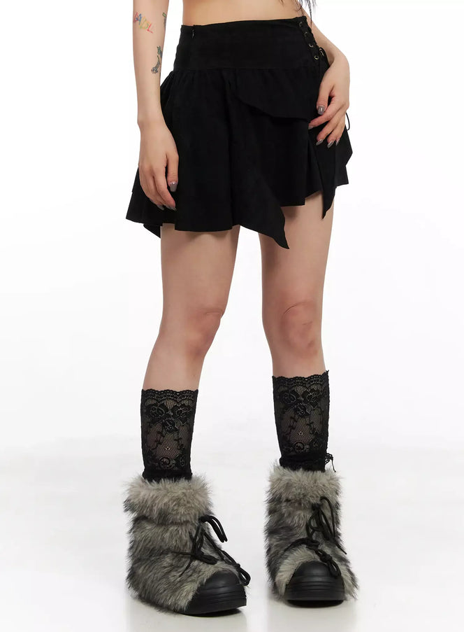 side-lace-up-ruffle-mini-skirt-in528 / Black