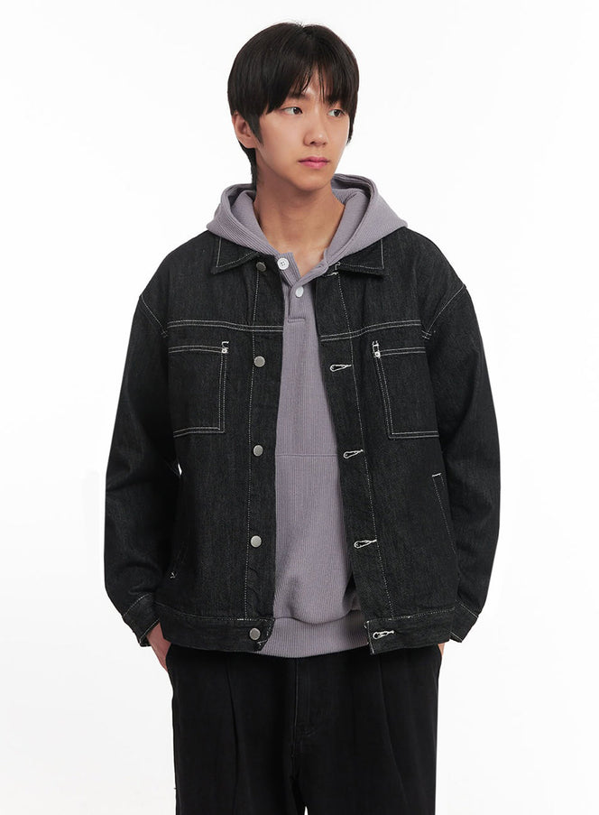 mens-stitched-collared-denim-jacket-ia511 / Black