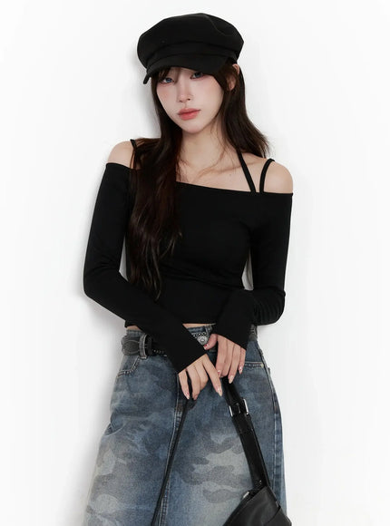 strap-halter-off-shoulder-top-in514 / Black