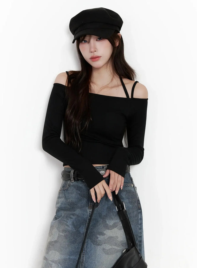 strap-halter-off-shoulder-top-in514 / Black