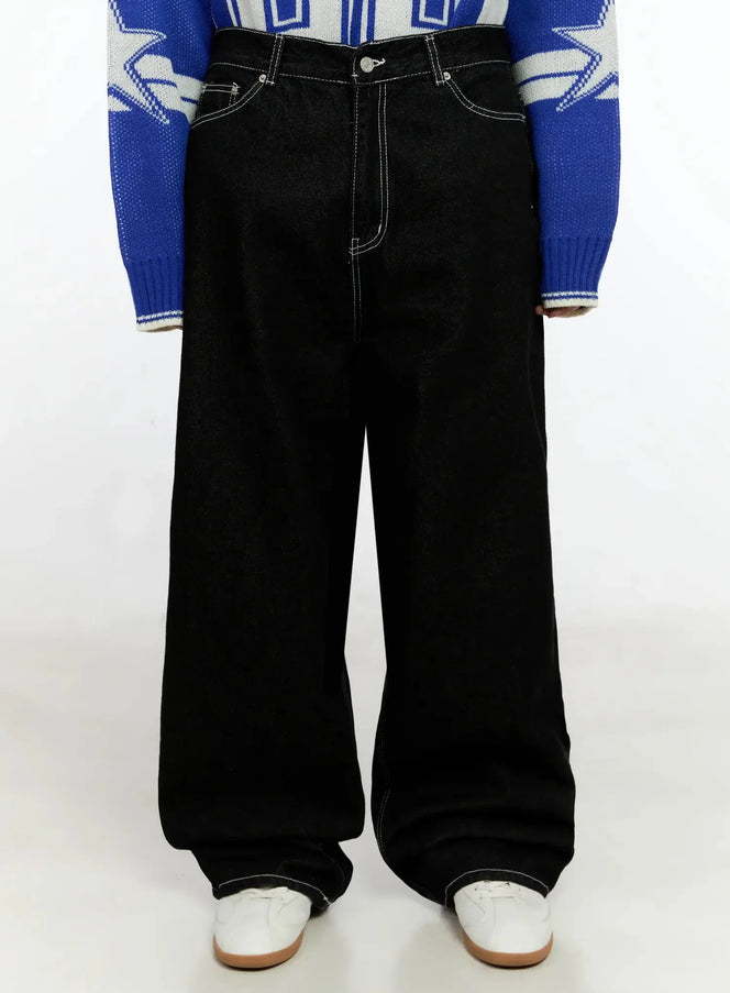 mens-stitched-detail-baggy-jeans-in506 / Black