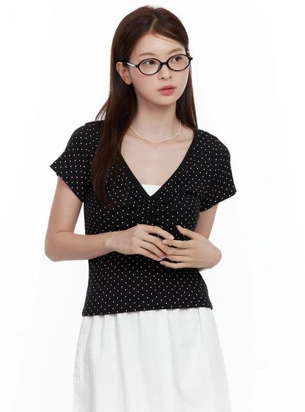 polka-dot-shirred-v-neck-top / Black