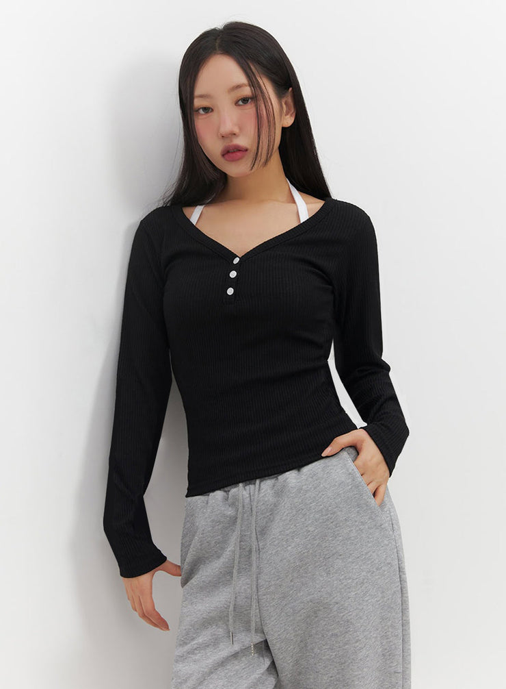 Buttoned V-Neck Long-Sleeve Top IF510