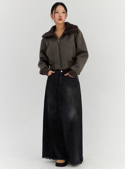 washed-flare-maxi-denim-skirt-cn315 / Black