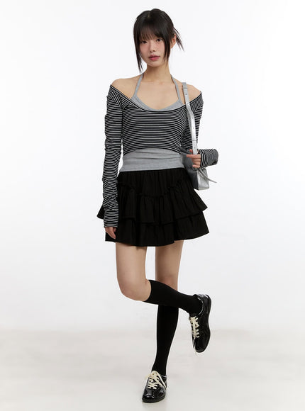 stripe-long-sleeve-crop-top-with-tank-top-ca508 / Black