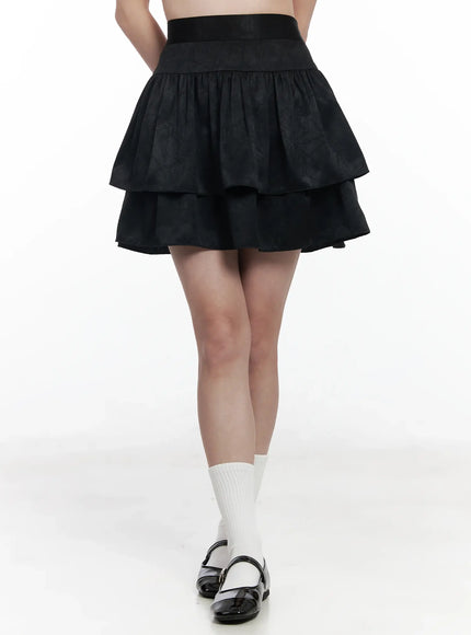 layered-satin-ruffle-skirt-if520 / Black