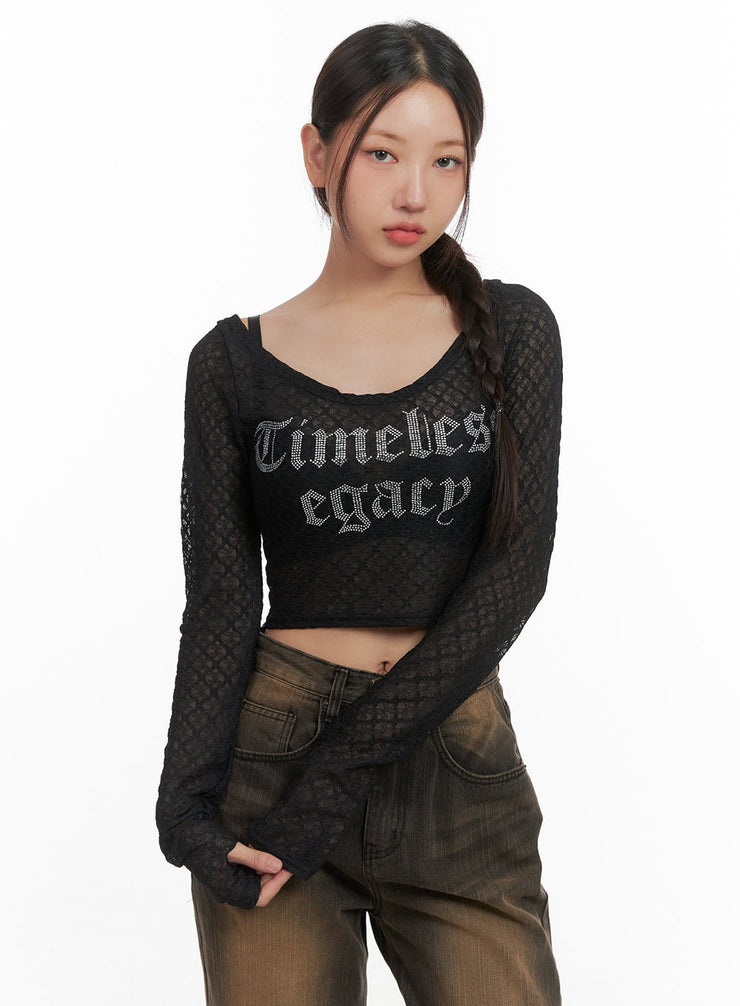 lettering-mesh-crop-long-sleeve-tee-co404 / Black