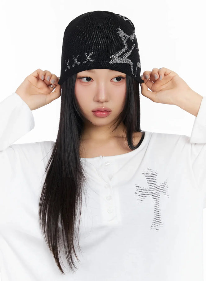 retro-star-knit-beanie-ca513 / Black