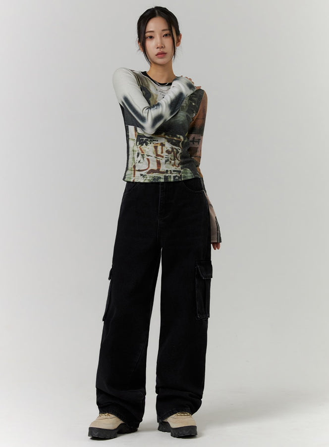 cargo-wide-leg-jeans-cd312 / Black