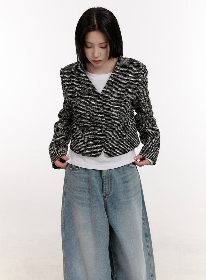 tweed-v-neck-crop-cardigan-cj529 / Black