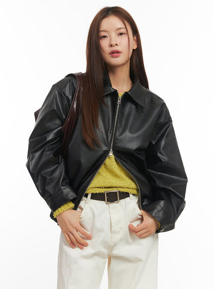 Faux Leather Zip-Up Bomber Jacket IM513