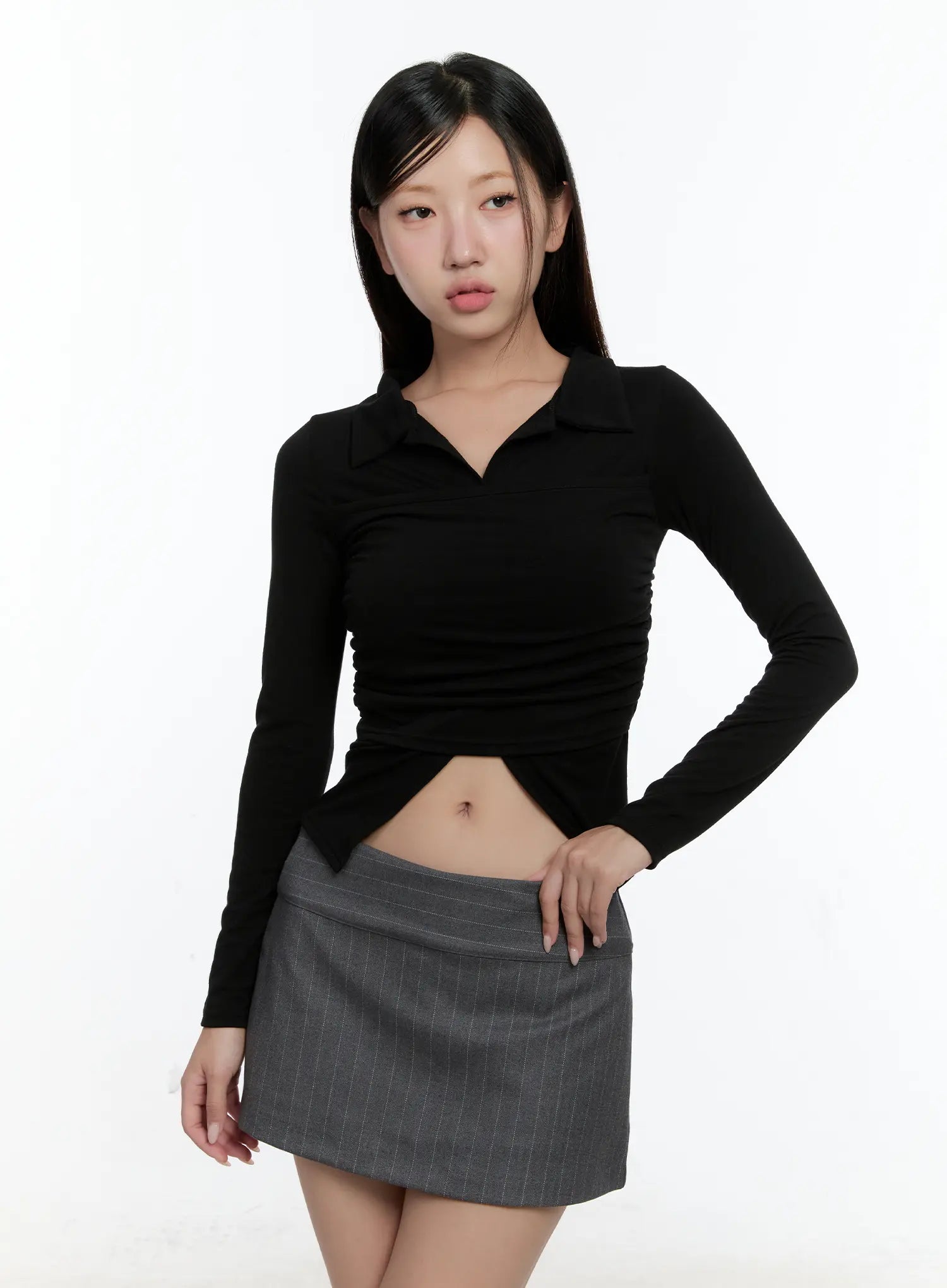 layered-collar-shirred-long-sleeve-top-cs518 / Black