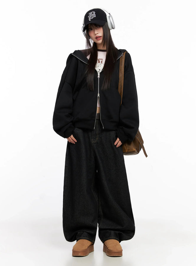 oversized-zip-up-hoodie-in503 / Black