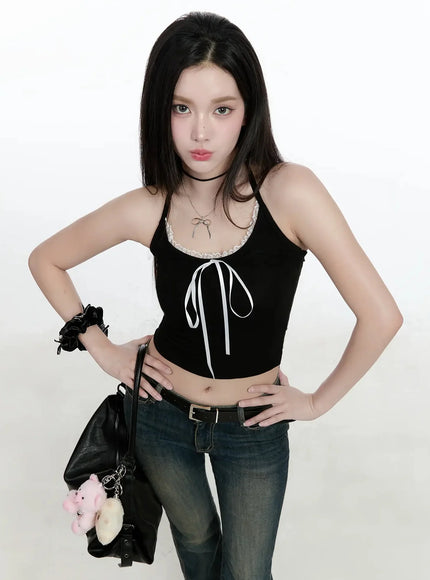 lace-ribbon-camisole-io520 / Black