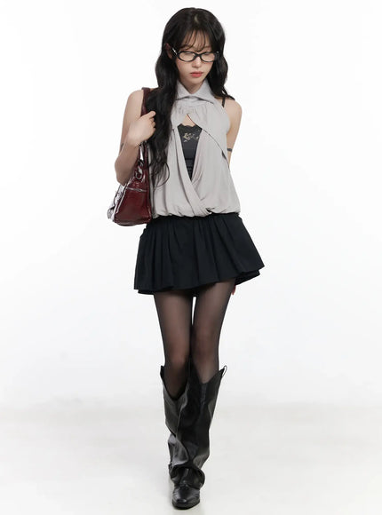 chic-pleated-mini-skort-with-elastic-waistband-cj526 / Black