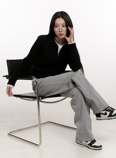 collared-cable-knit-zip-up-cardigan-cj531 / Black