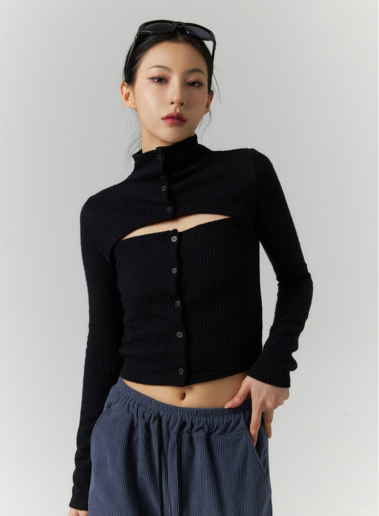 rib-solid-cut-buttoned-cardigan-id305 / Black