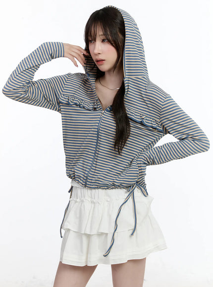 ruffle-detailed-zip-up-hoodie-ca502 / Blue