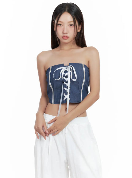 denim-lace-up-corset-tube-top-cl508 / Blue