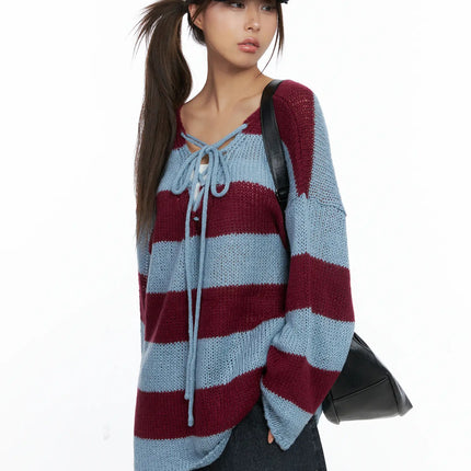striped-lace-up-long-sleeve-knit-top-cs505 / Blue