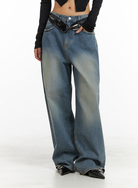 Washed Out Wide Fit Baggy Jeans CA416 - Korean Women's Fashion