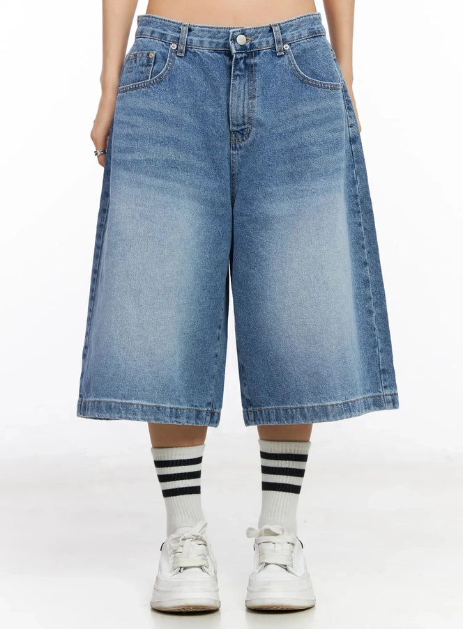 high-waist-washed-wide-leg-jorts-ia507 / Blue