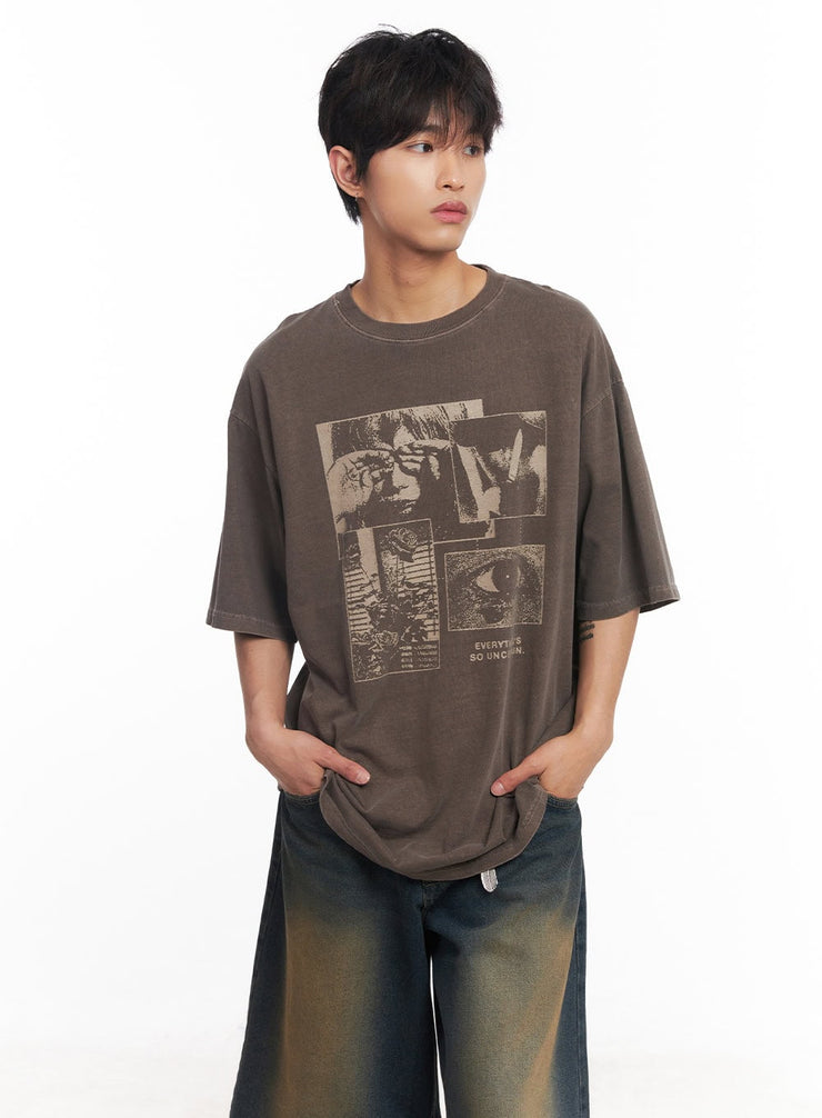 mens-uncertain-graphic-oversize-t-shirt-iy508 / Brown