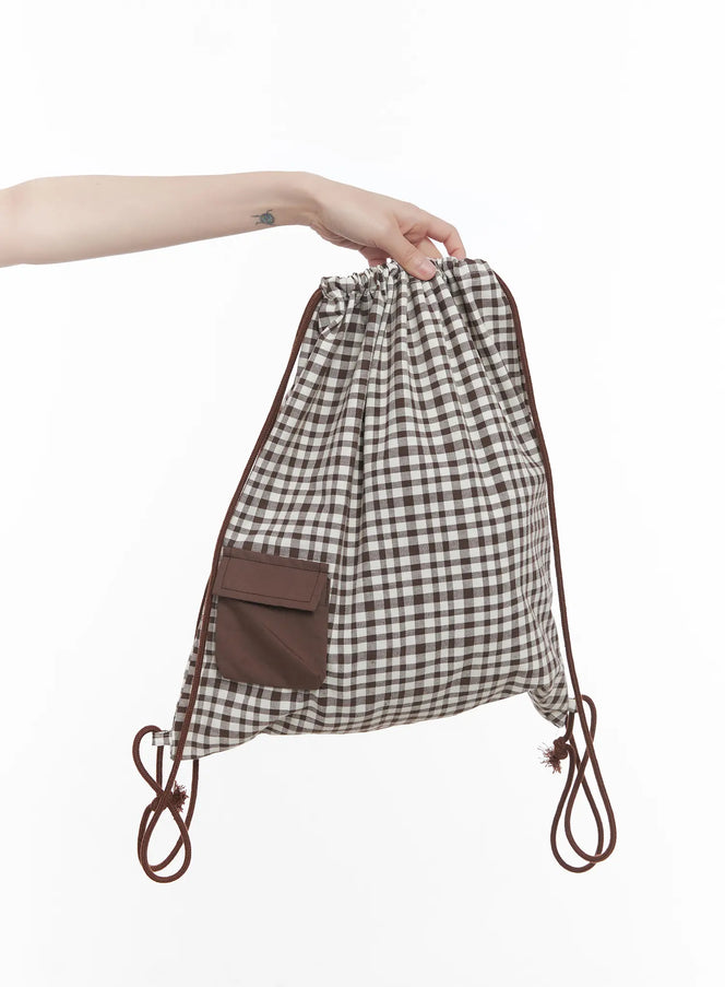 plaid-print-adjustable-drawstring-bag-cu518 / Brown