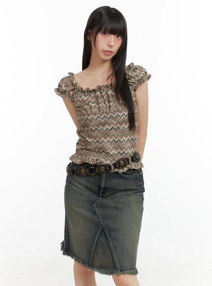 pattern-frill-crop-top-cl422 / Brown