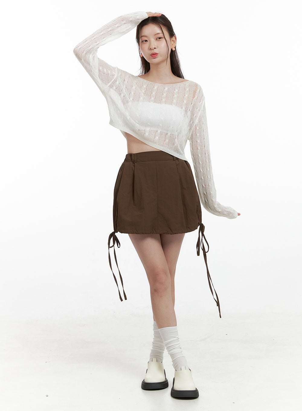 banded-pintuck-mini-skirt-ol417 / Brown