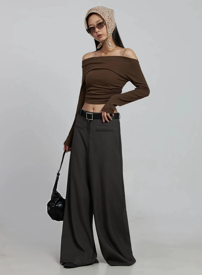 ruched-off-shoulder-crop-top-im520 / Brown
