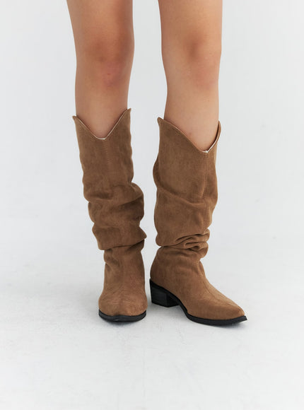 ruched-faux-leather-long-boots-co313 / Brown