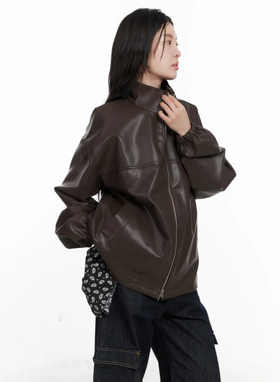 loose-fit-balloon-faux-leather-jacket-cn512 / Brown