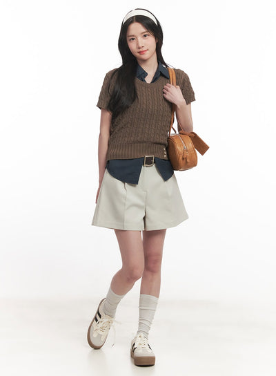 cable-knit-short-sleeve-sweater-ca510 / Brown