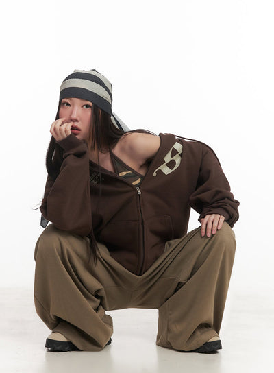 graphic-oversize-zip-up-hooded-jacket-im528 / Brown