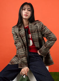 vintage-oversized-checkered-blazer-of405 / Brown