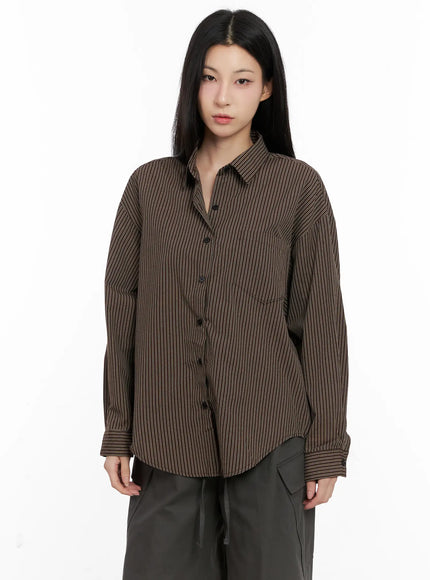relaxed-fit-striped-button-up-long-sleeve-shirt-cg526 / Brown