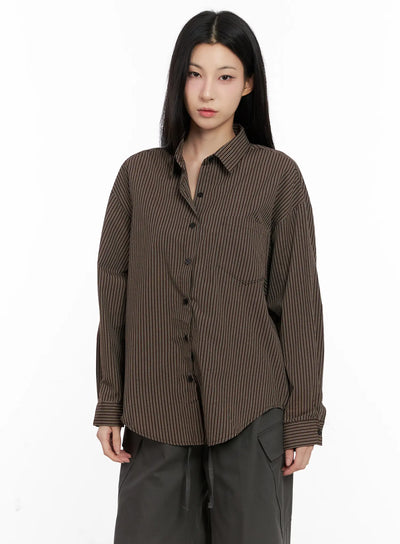 relaxed-fit-striped-button-up-long-sleeve-shirt-cg526 / Brown